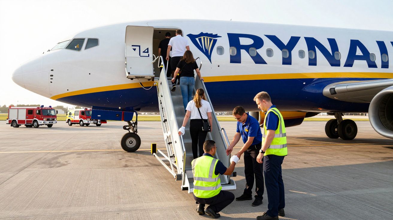 Passageiros a embarcar num avião da Ryanair estacionado na pista, com tripulação a ajudar e veículos de emergência ao fundo.