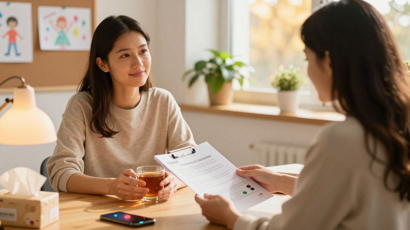 Duas mulheres conversam em escritório iluminado, uma segura chá enquanto a outra mostra um documento.