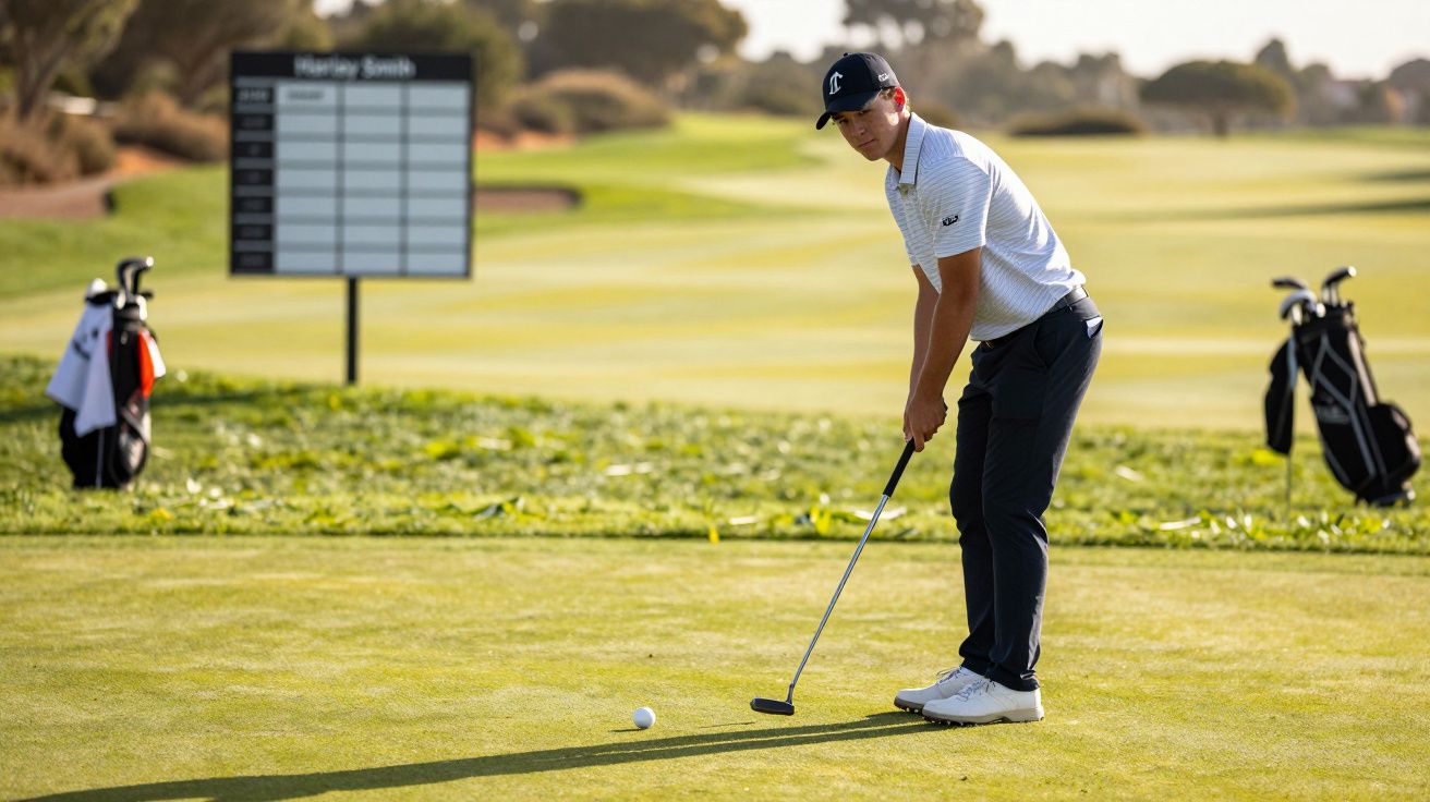 Golfista a preparar o putt no green, com sacos de golfe ao fundo e um placar ao lado esquerdo.