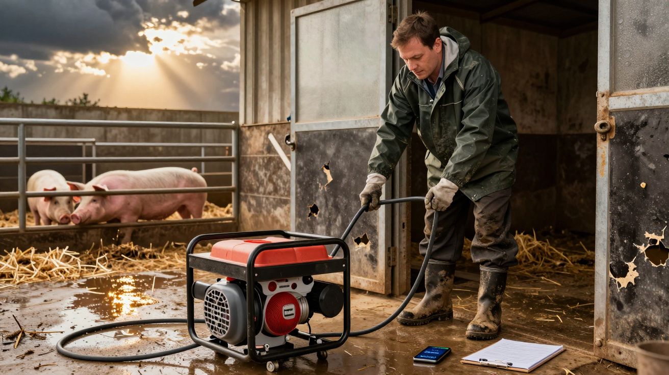 Homem numa quinta a operar uma máquina com porcos no fundo. O sol está a pôr-se por entre nuvens.