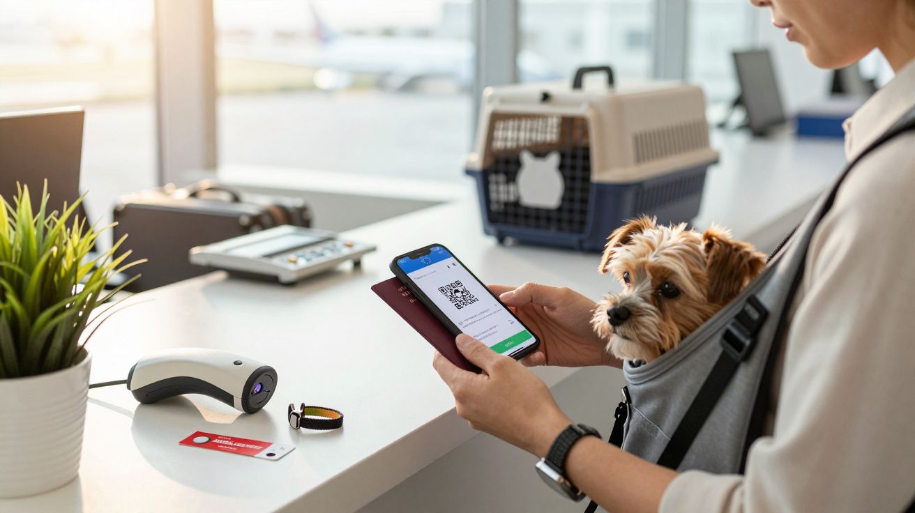 Pessoa com cão pequeno num saguão de aeroporto, a mostrar um cartão de embarque digital num smartphone.