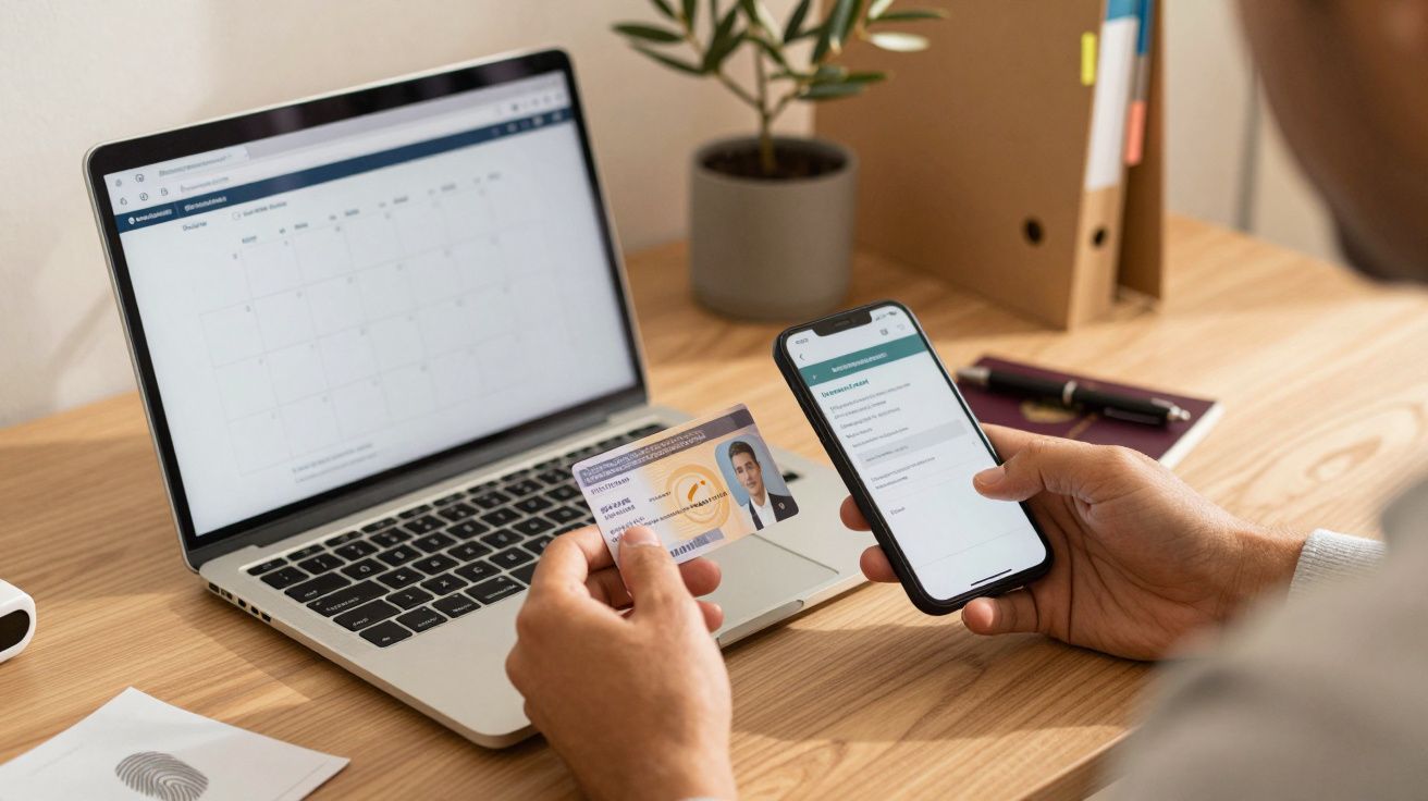 Pessoa segura cartão de identificação e telemóvel, acessando informação digital ao lado de um portátil numa mesa.