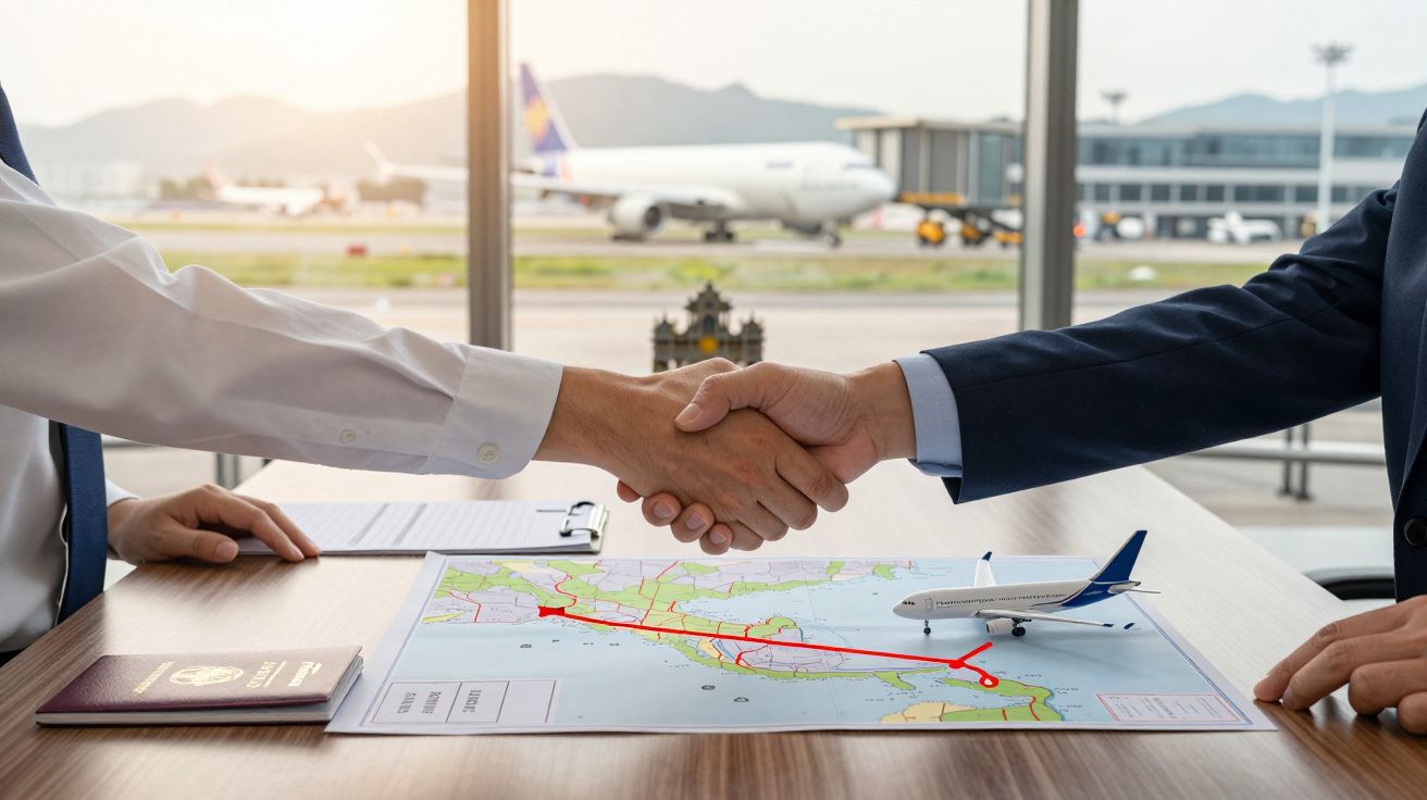 Dois homens apertam as mãos sobre mesa com mapa, passaporte e miniatura de avião, aeroporto ao fundo.
