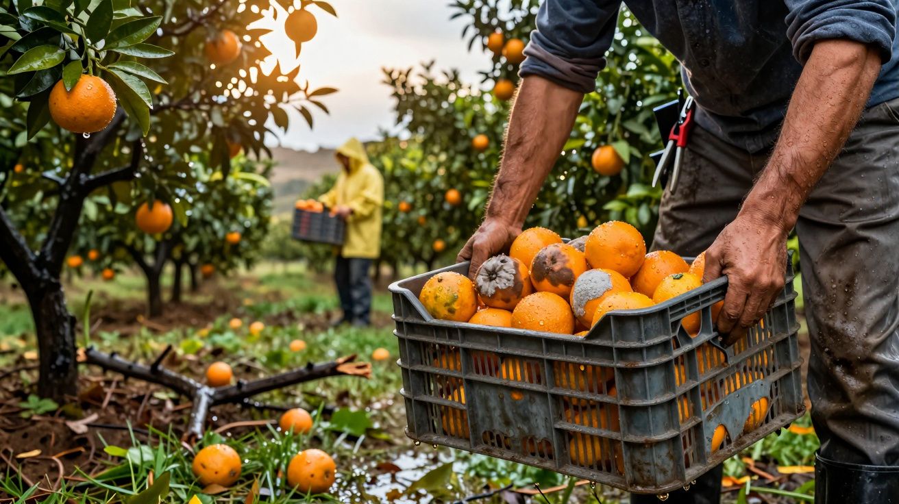 Colheita de laranjas num pomar, homem segura caixa cheia e outra pessoa ao fundo com casaco amarelo.