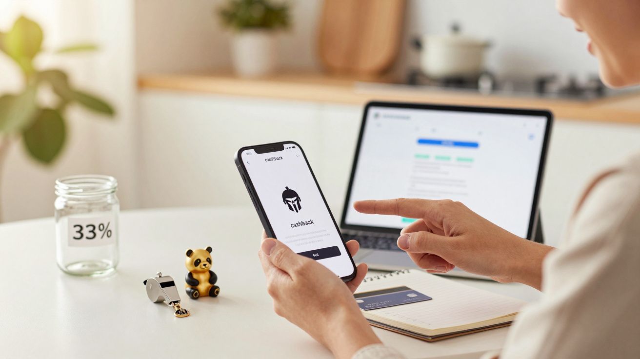 Pessoa usando smartphone com app, ao lado portátil e jarro com 33%. Objectos decorativos em mesa branca.