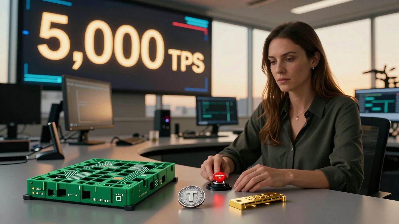 Mulher numa sala de controlo, pressionando um botão vermelho com um ecrã a mostrar "5,000 TPS" ao fundo.