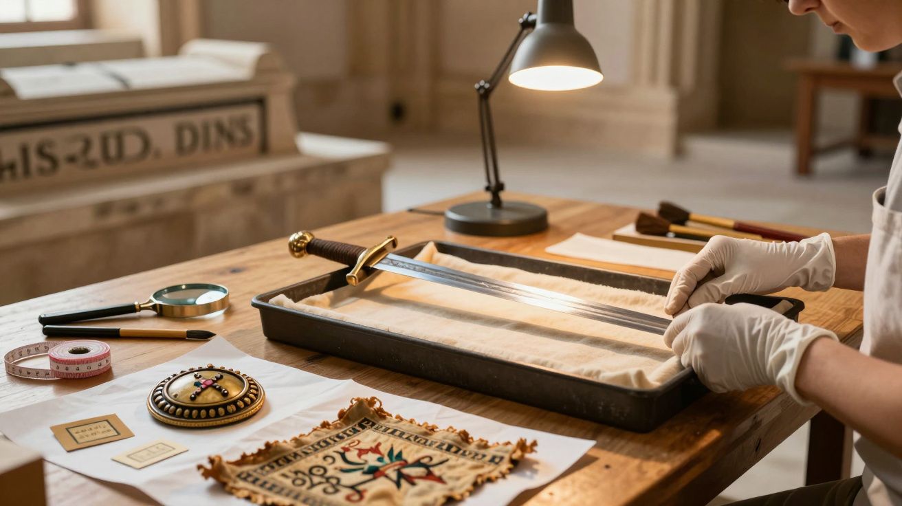 Pessoa com luvas trabalha numa espada numa oficina de restauração, com vários instrumentos sobre a mesa.