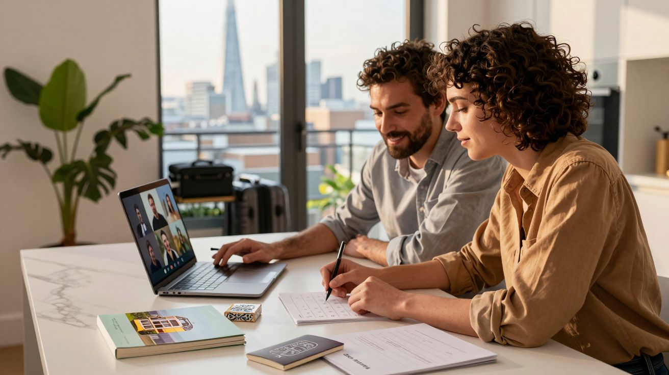 Duas pessoas trabalham numa mesa com um portátil e documentos, vista para a cidade ao fundo.