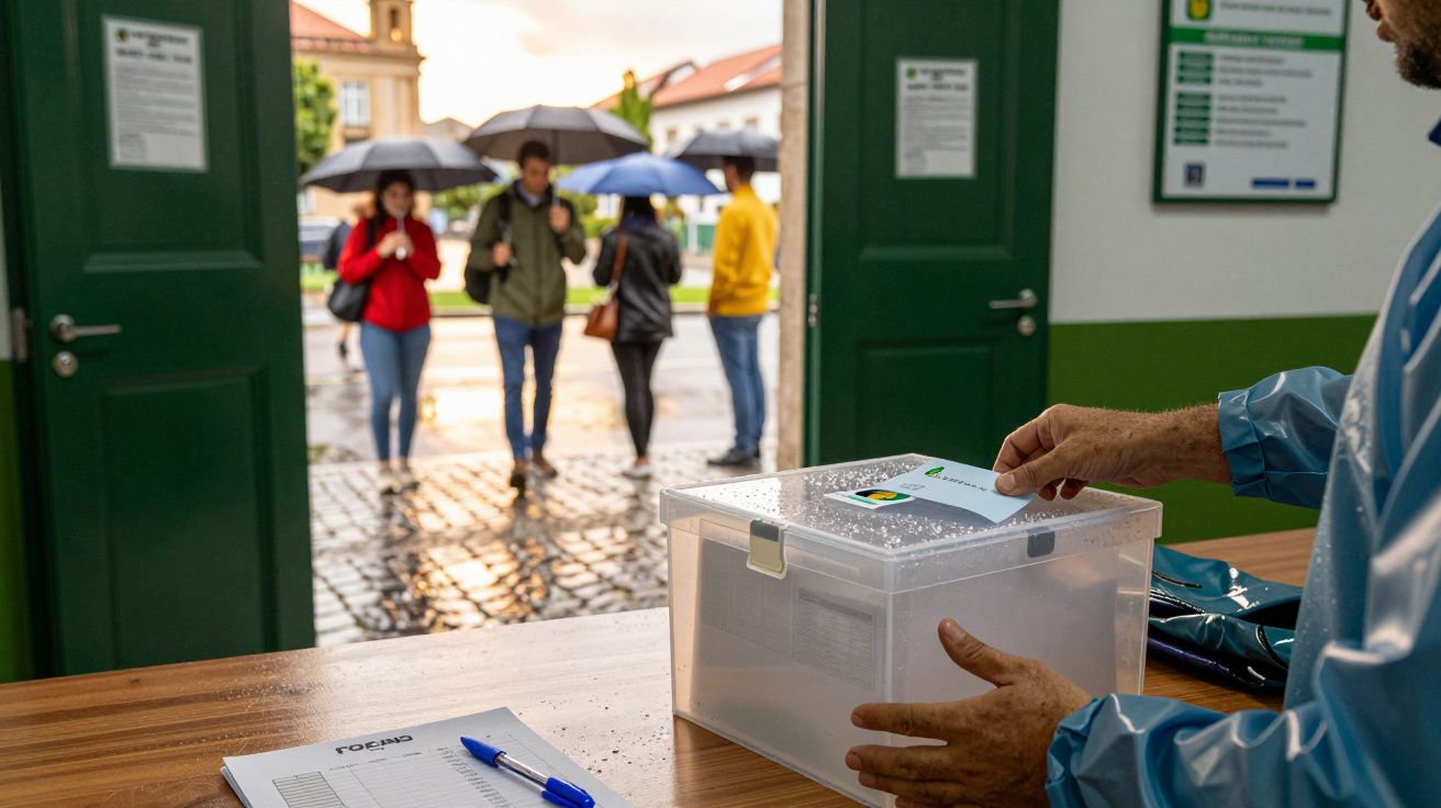 Pessoa deposita votação em urna, com pessoas ao fundo segurando guarda-chuvas em dia chuvoso.