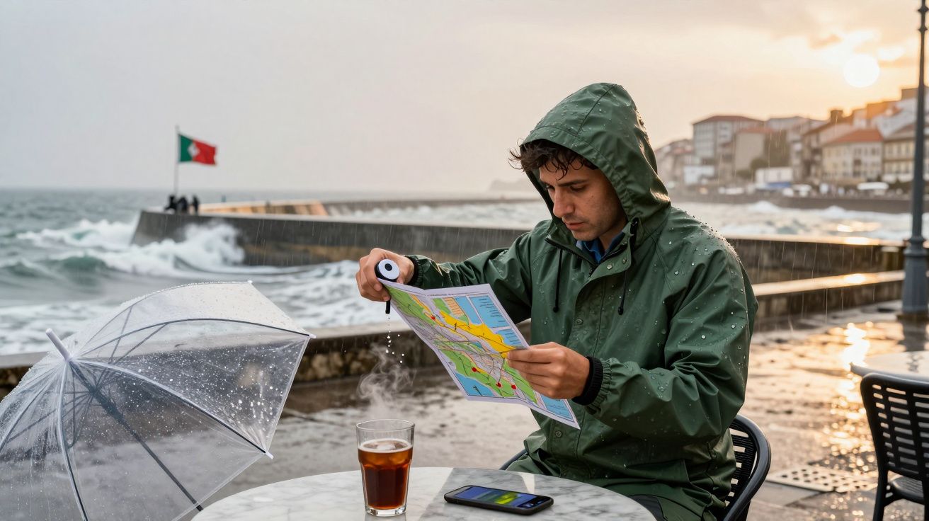 Homem em casaco impermeável lê mapa numa esplanada à beira-mar, com guarda-chuva, chá e telemóvel sobre a mesa.