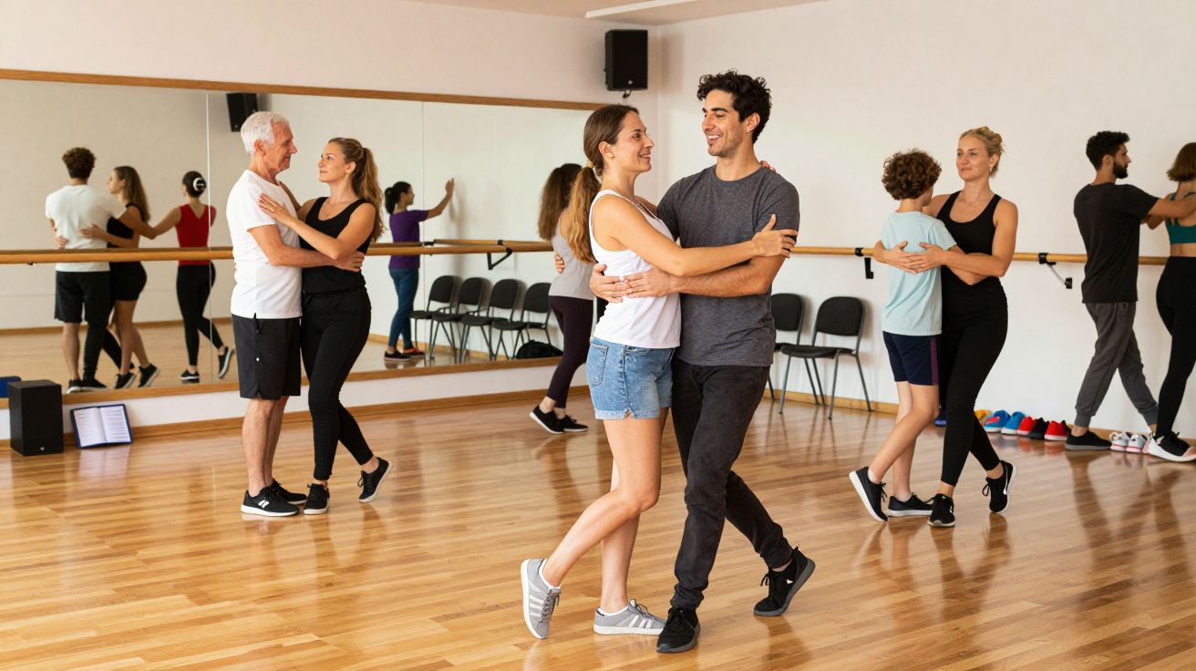 Pessoas de várias idades a dançar em pares numa sala com espelhos e chão de madeira.