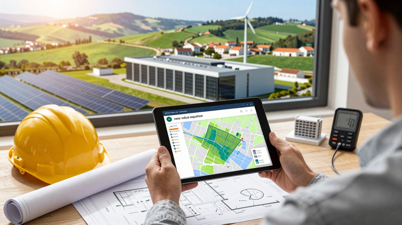 Homem observa mapa digital num tablet em escritório com vista para painéis solares, turbina eólica e prédios ao fundo.