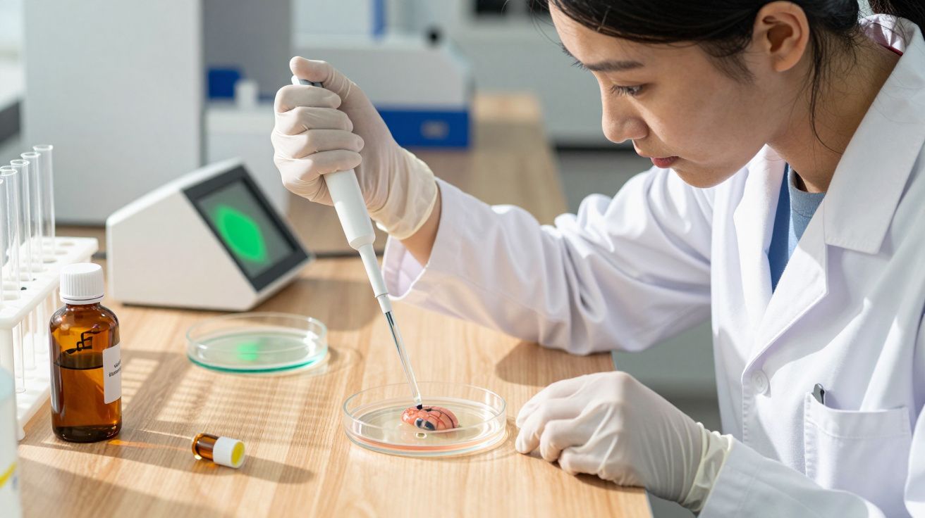 Cientista em laboratório manuseia pipeta sobre placa de Petri com líquido, rodeada de equipamentos e frascos.