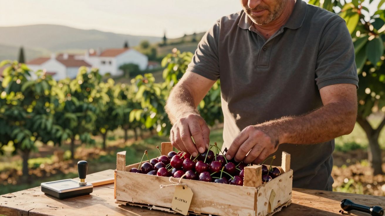Homem recolhe cerejas frescas numa caixa de madeira, numa paisagem rural com árvores e casas ao fundo.