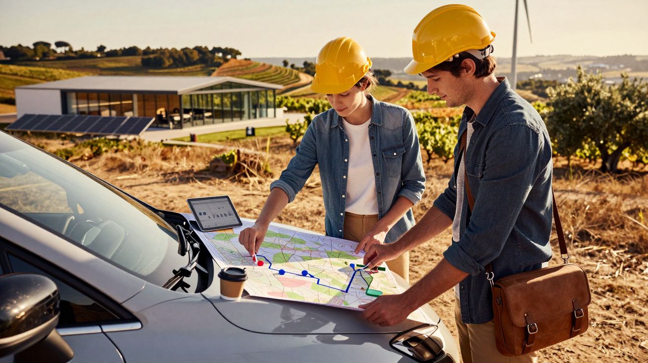 Dois engenheiros, com capacetes amarelos, analisam mapa sobre carro em campo solar com turbinas ao fundo.