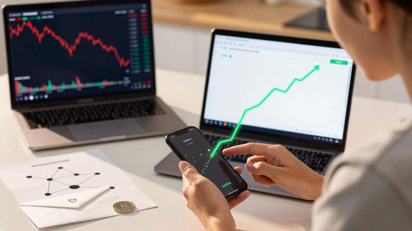 Pessoa usa smartphone com gráfico crescente; gráficos de bolsa em dois portáteis ao fundo.