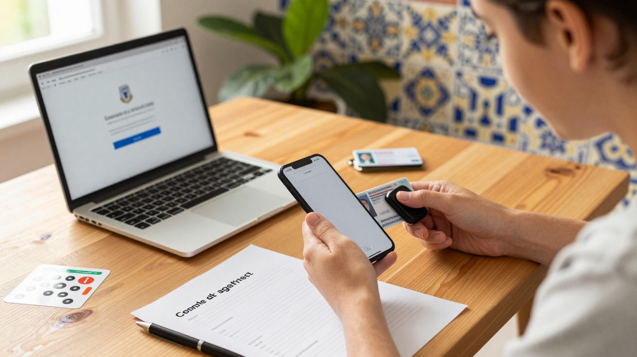 Pessoa a usar um smartphone em cima de uma mesa com um portátil, papel e cartões ao redor.
