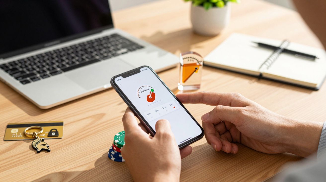 Pessoa a segurar um telemóvel com app de segurança, com computador portátil e caderno sob a mesa.