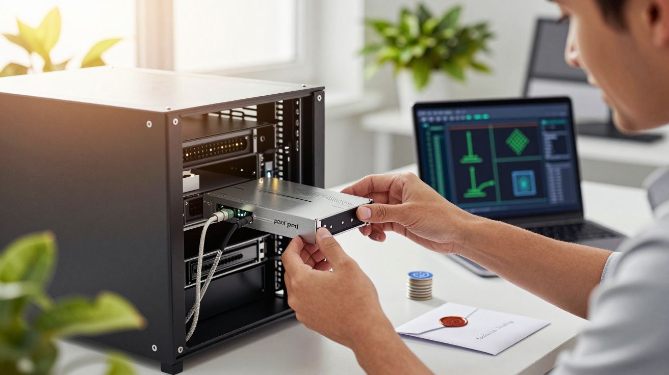 Pessoa instala componente num pequeno servidor com ecrã de computador ao fundo exibindo gráficos técnicos.