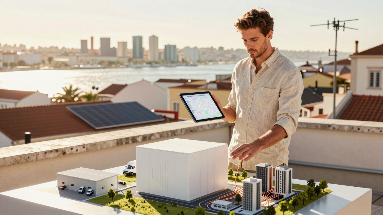 Homem de pé no terraço com tablet, analisando maquete de edifícios sob luz do dia, com cidade e rio ao fundo.