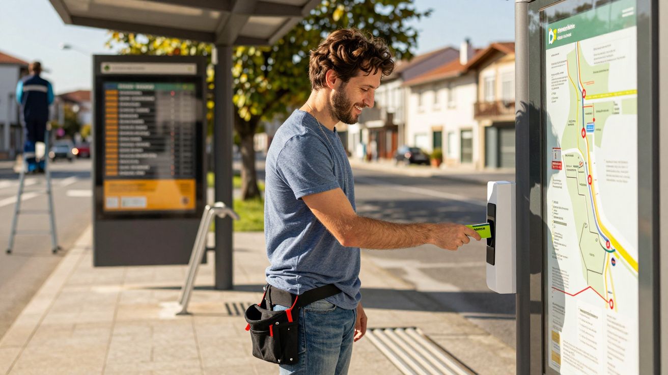 Homem em estação de autocarros a usar cartão num terminal, mapa e lista de horários visíveis atrás.