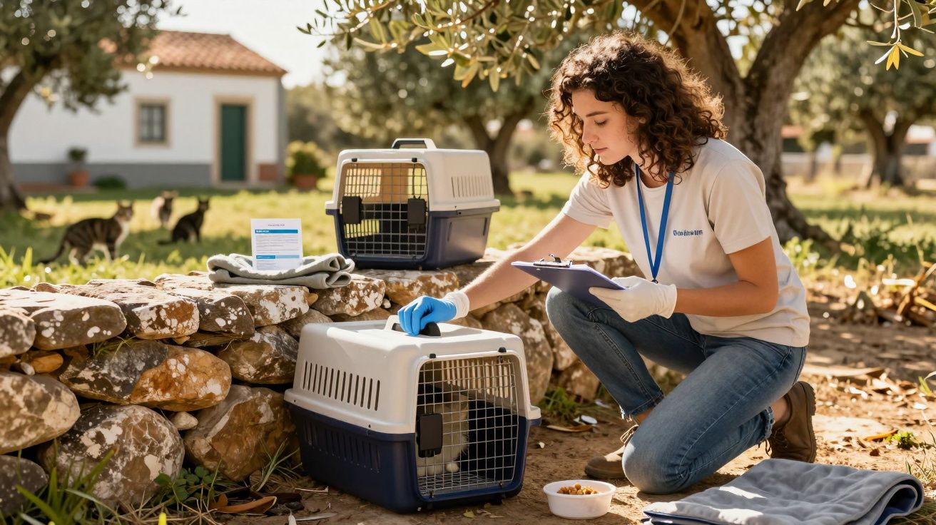 Mulher cuidando de gatos em transportadoras ao ar livre, com casa ao fundo e gatos ao redor.