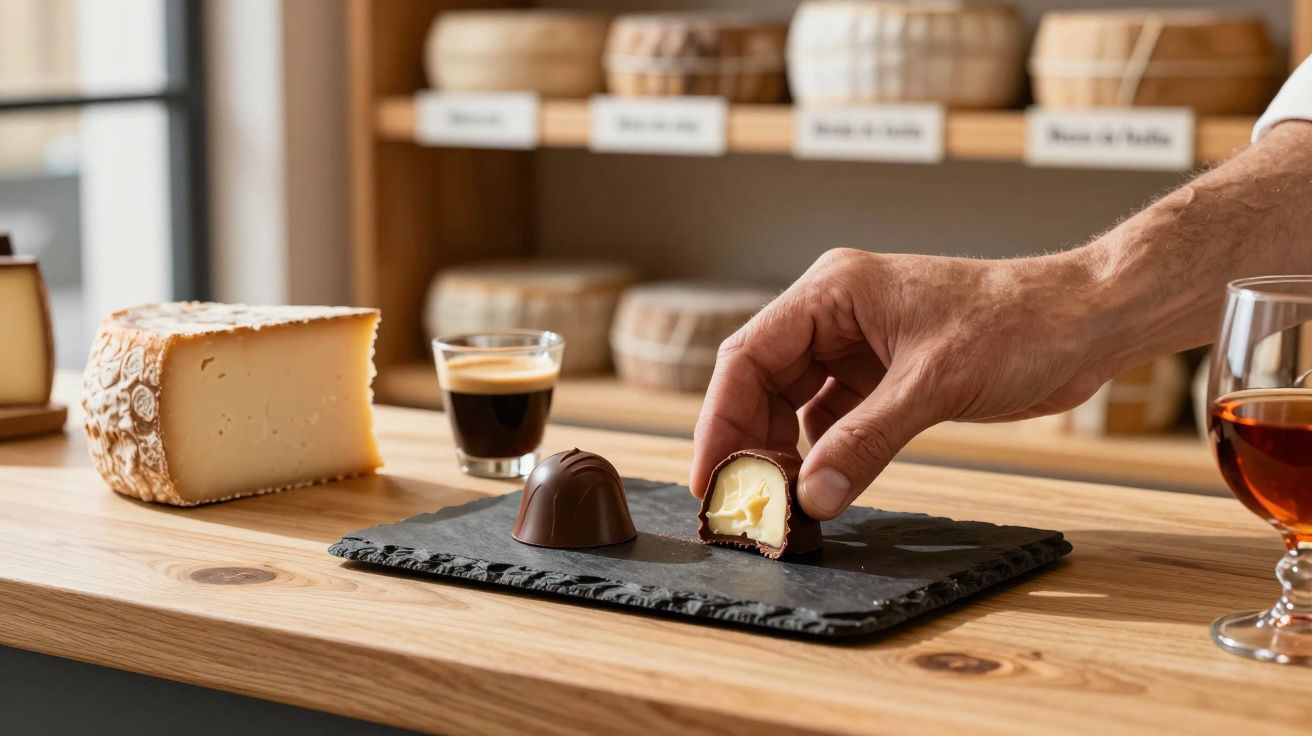 Pessoa apanha trufa de chocolate em prato com queijo e café ao lado, em ambiente de degustação de queijos e bebidas.