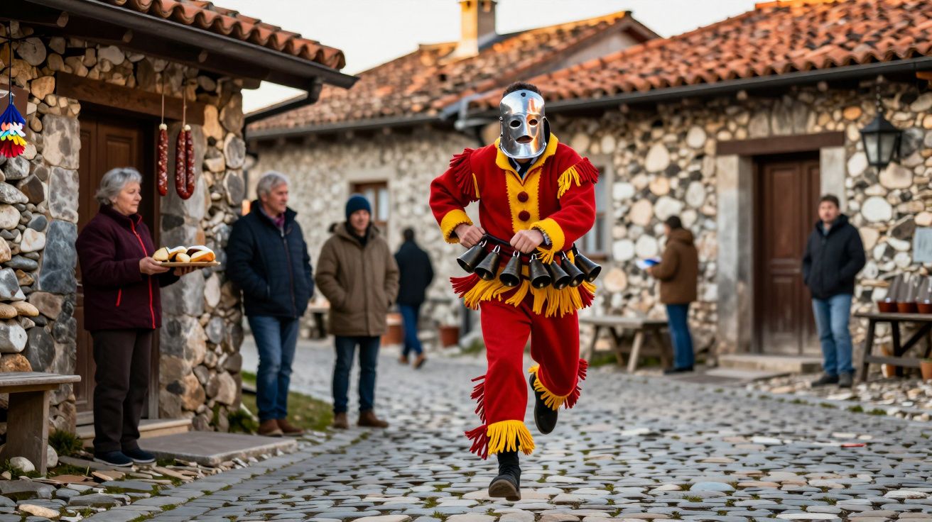 Homem mascarado em traje tradicional colorido corre por rua de pedra, com pessoas ao fundo.