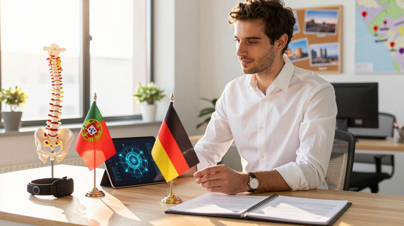 Homem em escritório com bandeiras de Portugal e Alemanha sobre a mesa. Esqueleto e tablet ao fundo.