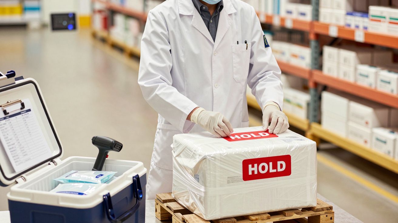 Técnico de laboratório em armazém, manipulando caixa com etiqueta "HOLD", ao lado de recipiente isotérmico azul.