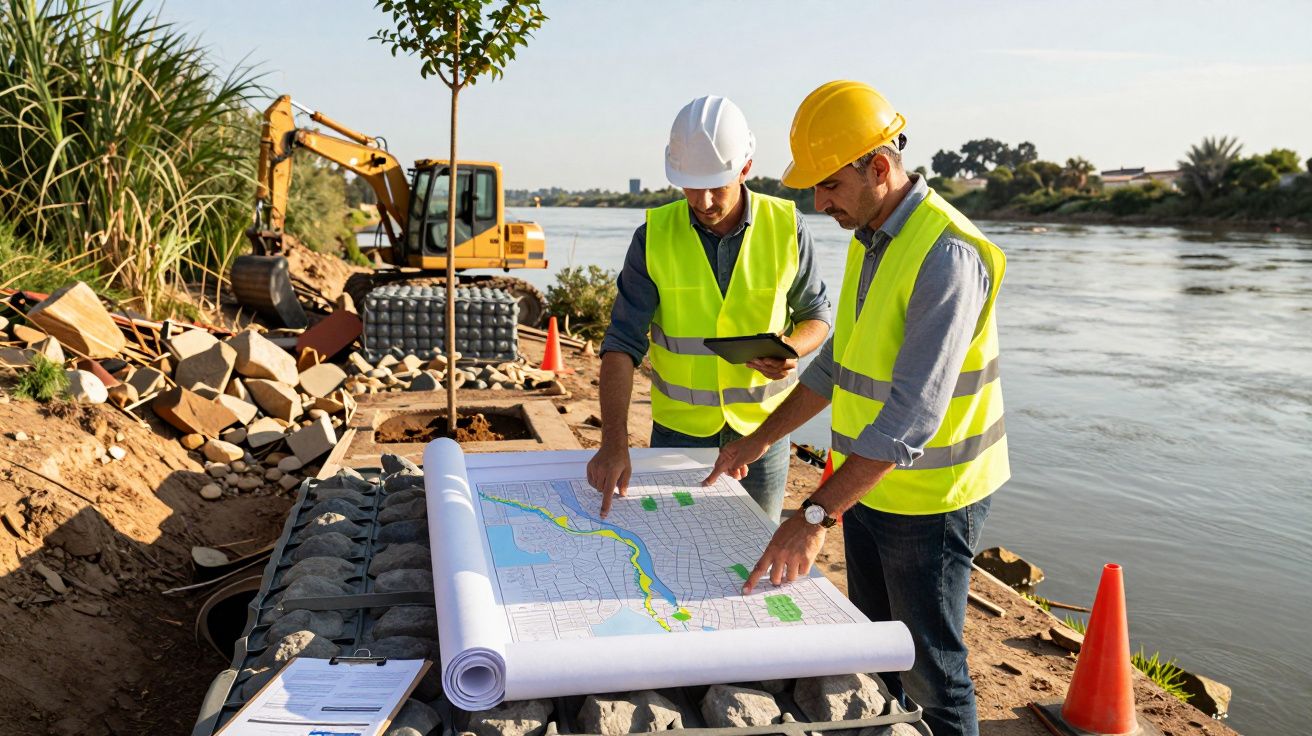 Dois engenheiros com coletes e capacetes analisam plantas ao lado de um rio, com escavadora ao fundo.