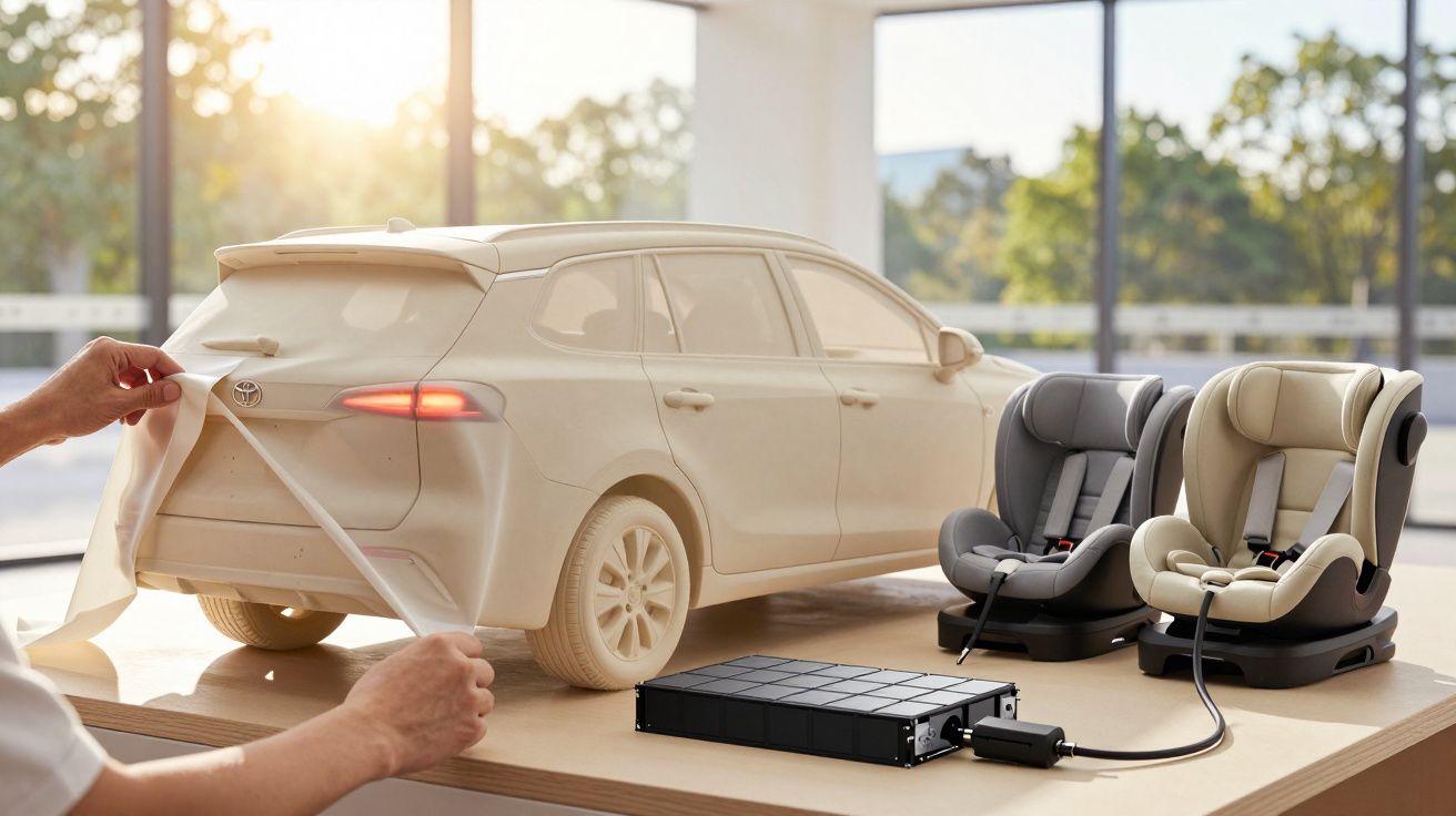 Modelo de carro em argila com dois assentos de criança e bateria exposta, em ambiente iluminado pelo sol.