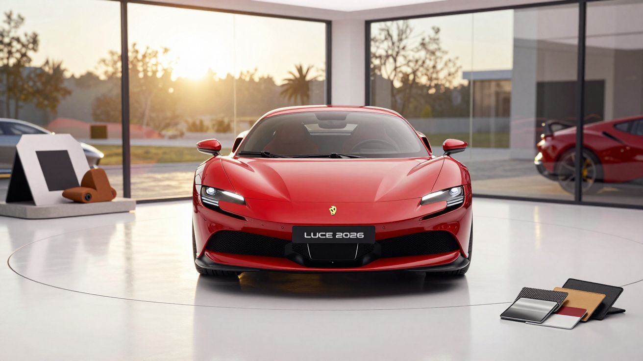 Carro desportivo vermelho em exposição numa sala moderna com painéis de vidro ao fundo.