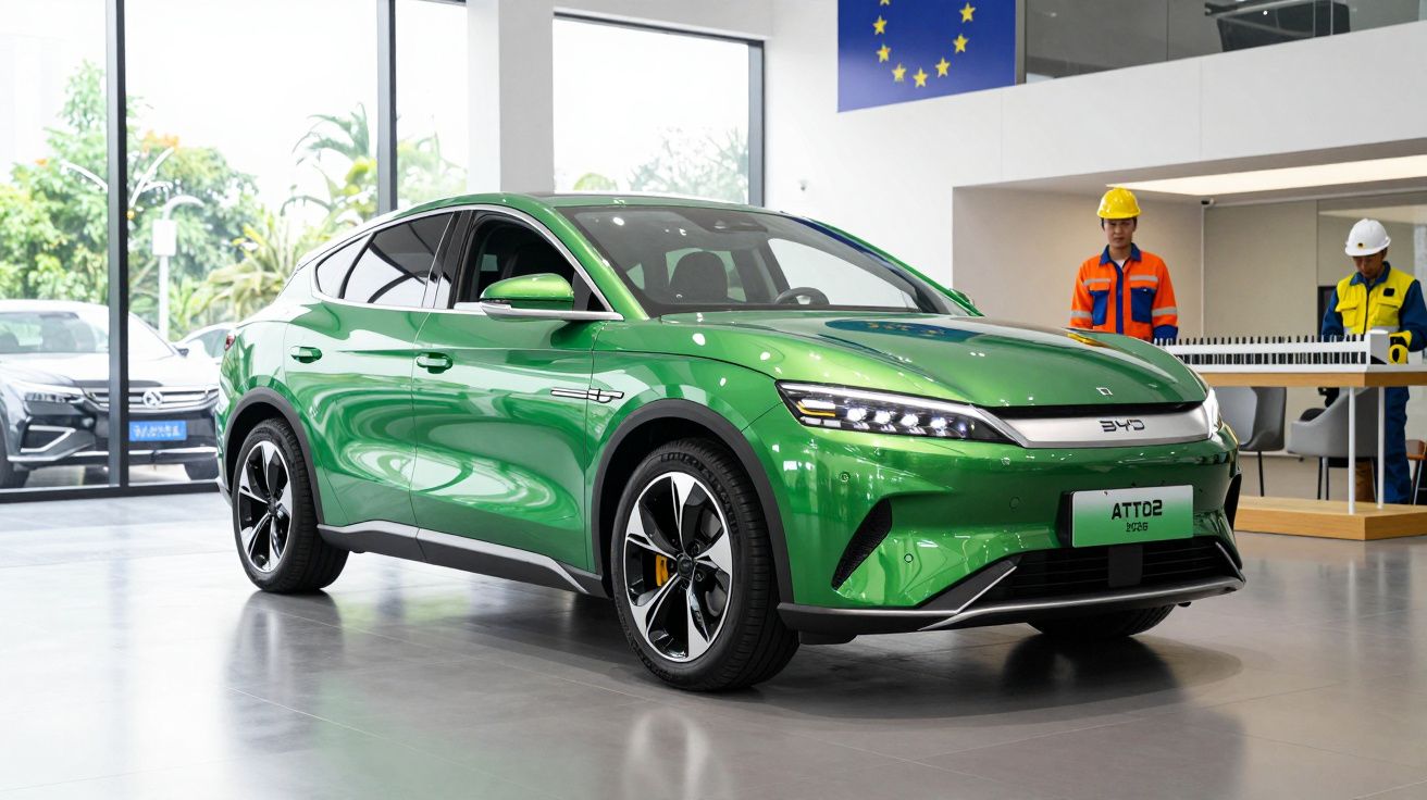 Automóvel elétrico verde BYD Atto 2 em showroom moderno, com trabalhadores ao fundo e bandeira da União Europeia.