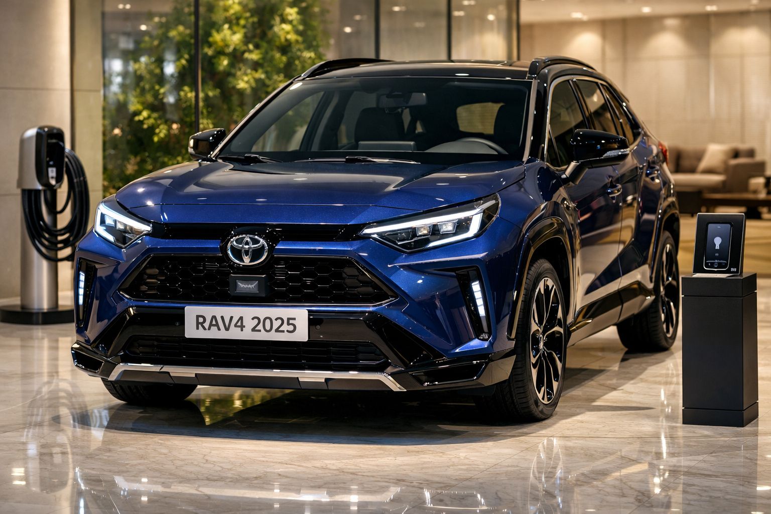 Toyota RAV4 2025 preto, estacionado numa sala, ao lado de uma estação de carregamento elétrica.