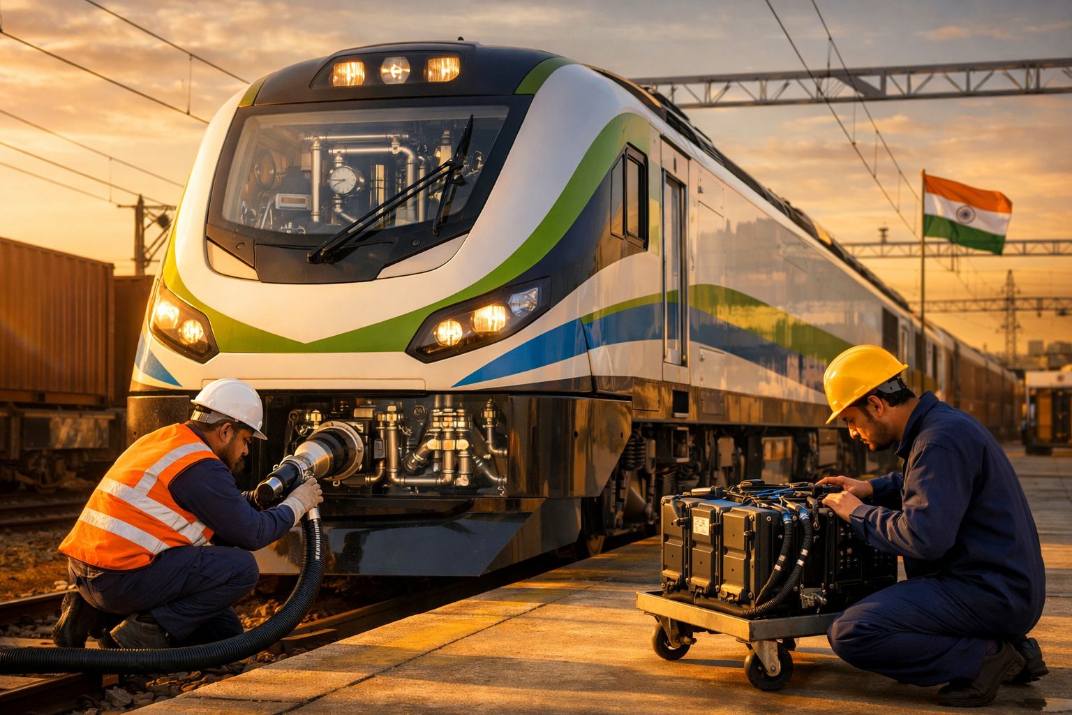 Trem a hidrogénio em teste, ligado a equipamento no chão, com quatro técnicos de capacete e colete refletor ao lado.