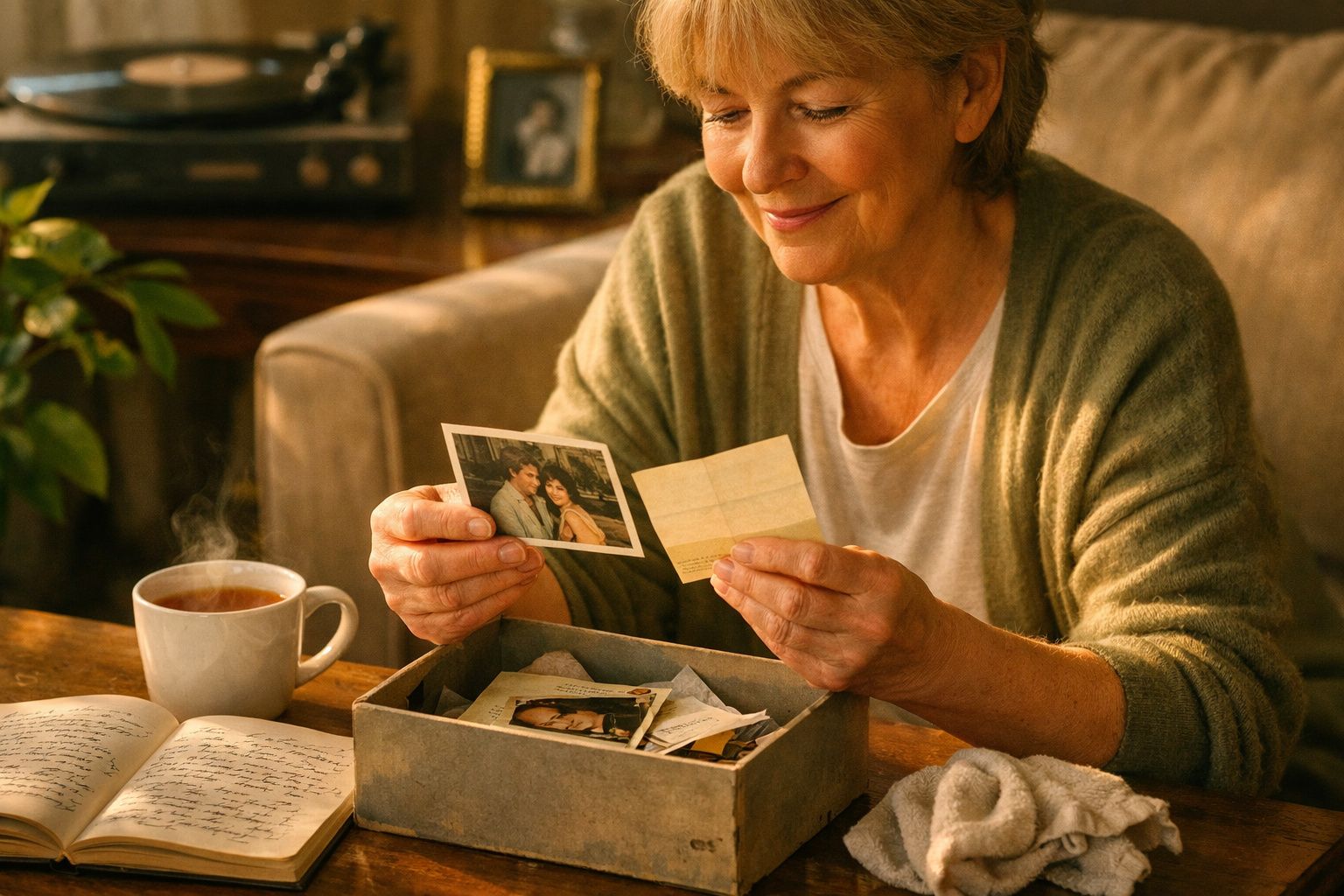 Idosa sorridente olhando fotos em caixa de madeira, com chá fumegante e planta ao lado.
