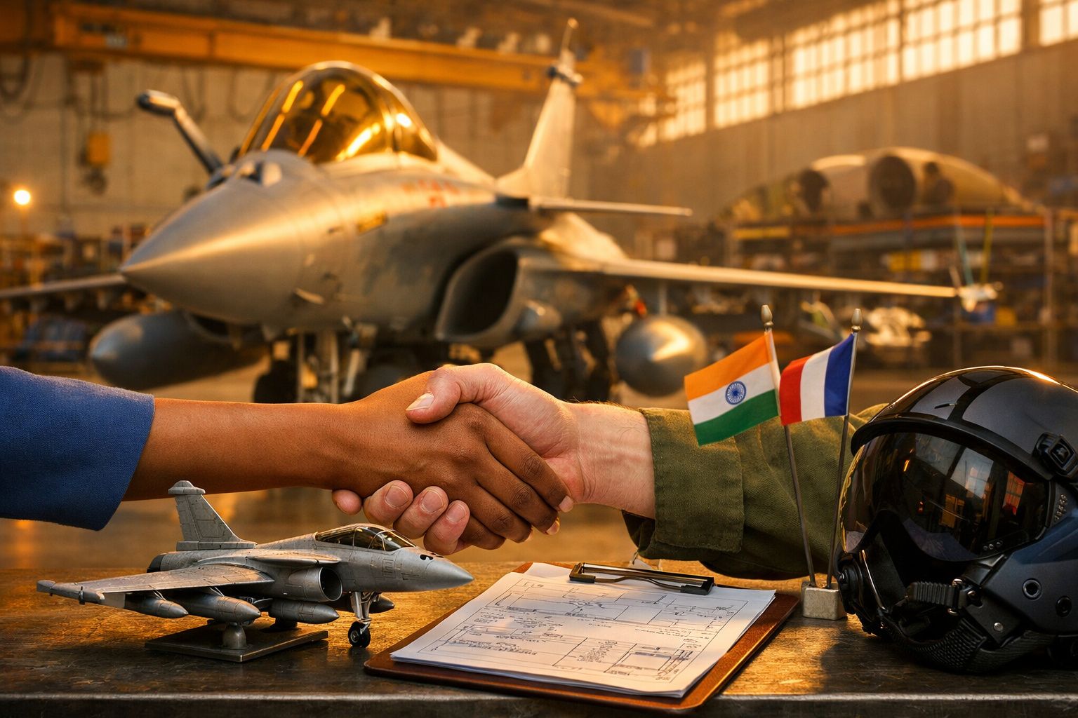 Mãos a ajustar componentes elétricos de um jato em hangar, capacete de piloto e pistola de soldadura ao fundo.