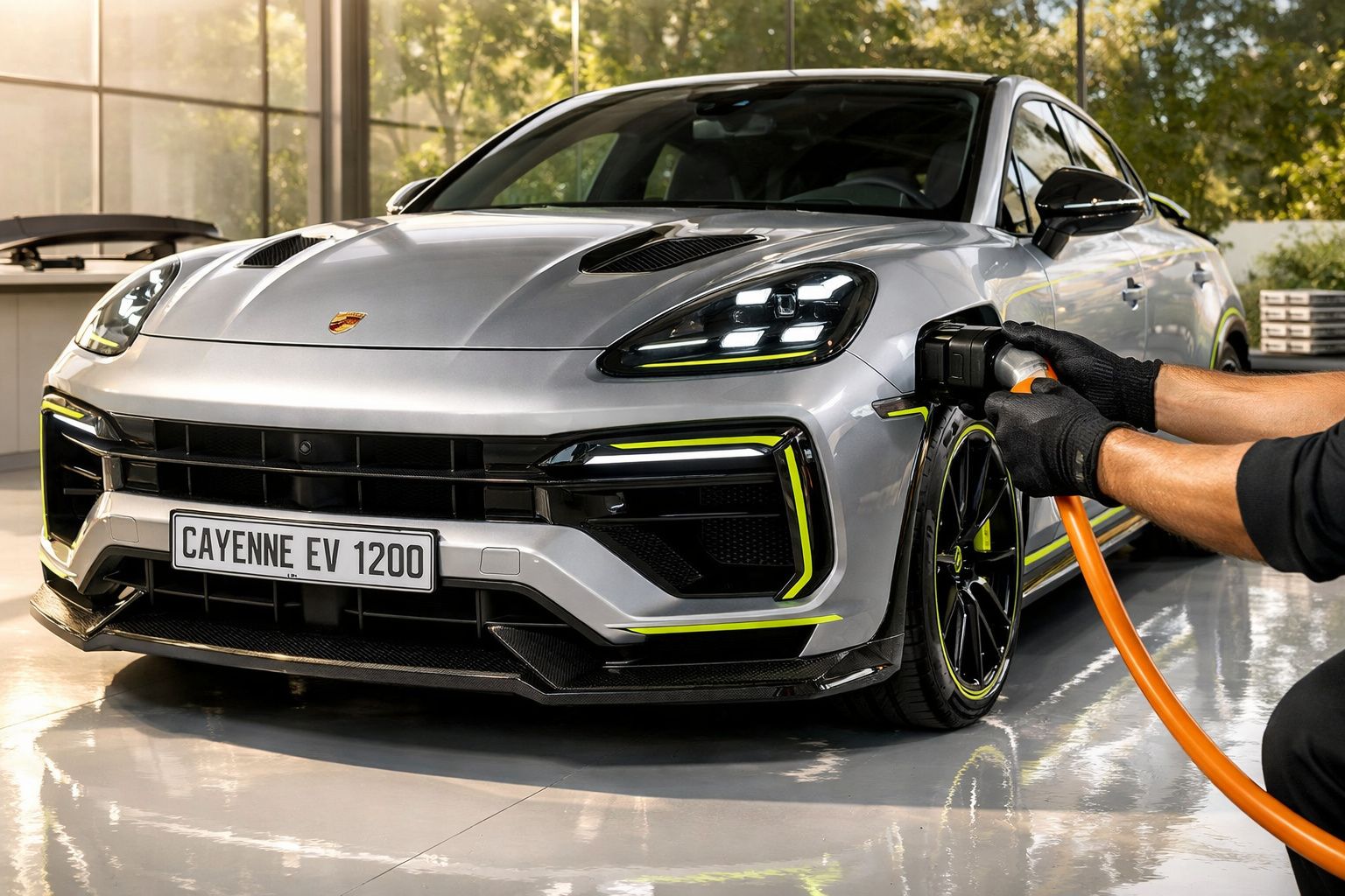 Carro desportivo laranja num showroom, com detalhes em preto e luz dourada ao fundo.