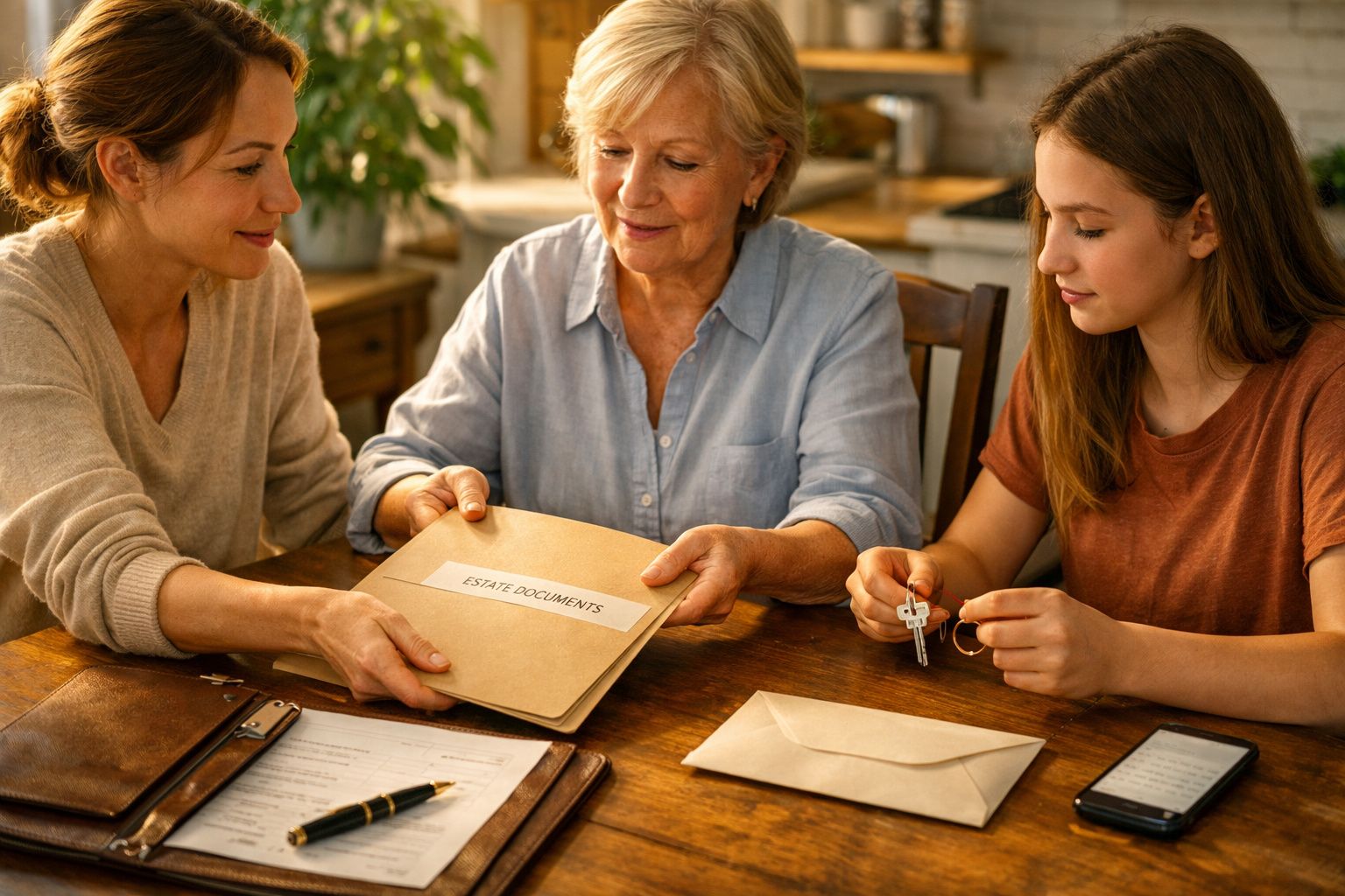 Duas pessoas passam documentos numa mesa, com um carimbo, envelope e chave ao lado.