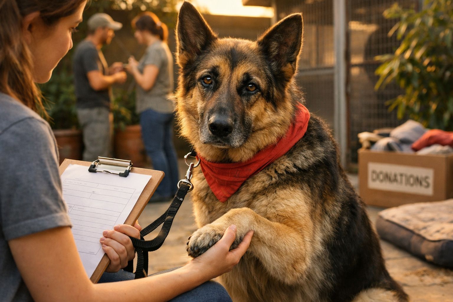 Cão Pastor Alemão sentado enquanto pessoas seguram trela e oferecem petisco, com colete refletor e prancheta ao lado.